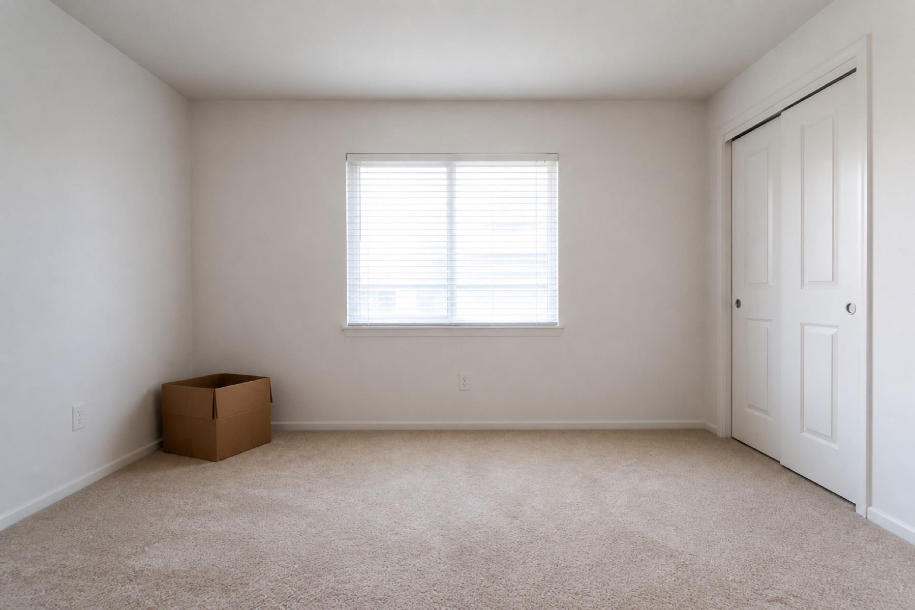 Empty spare bedroom with beige carpet before transformation